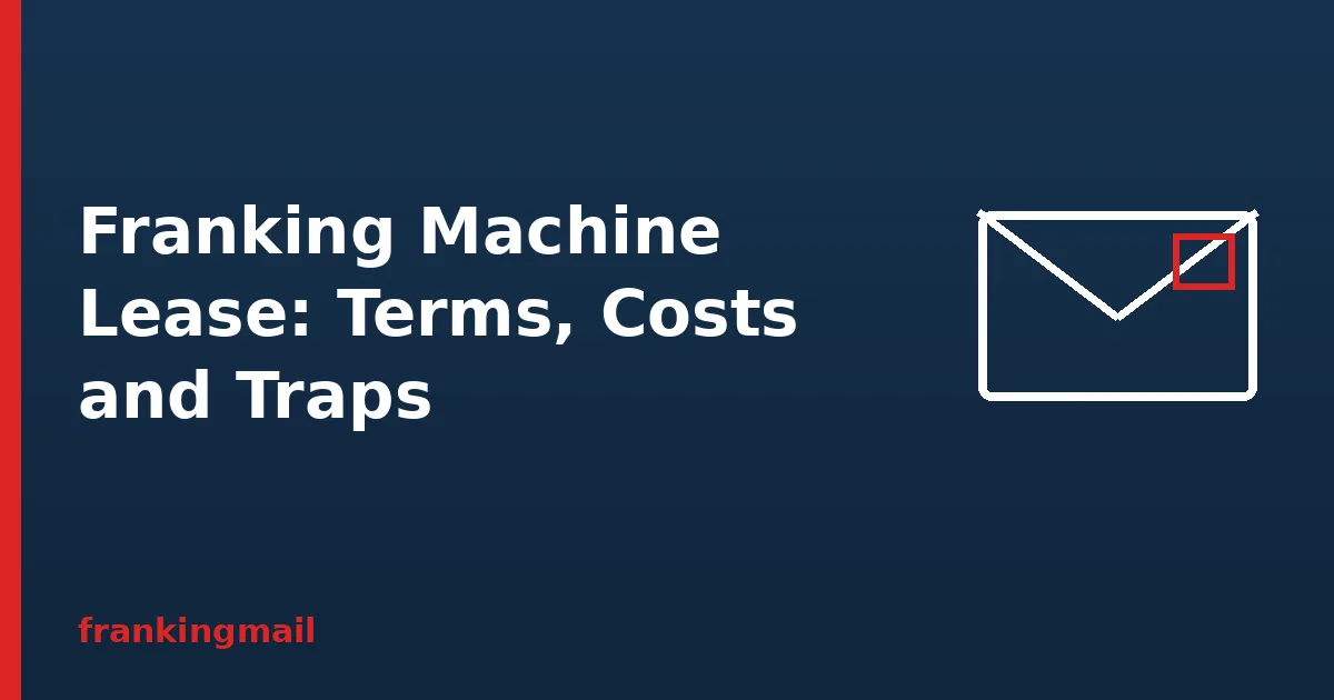 Envelope illustration with the heading Franking Machine Lease, covering terms, costs and contract traps