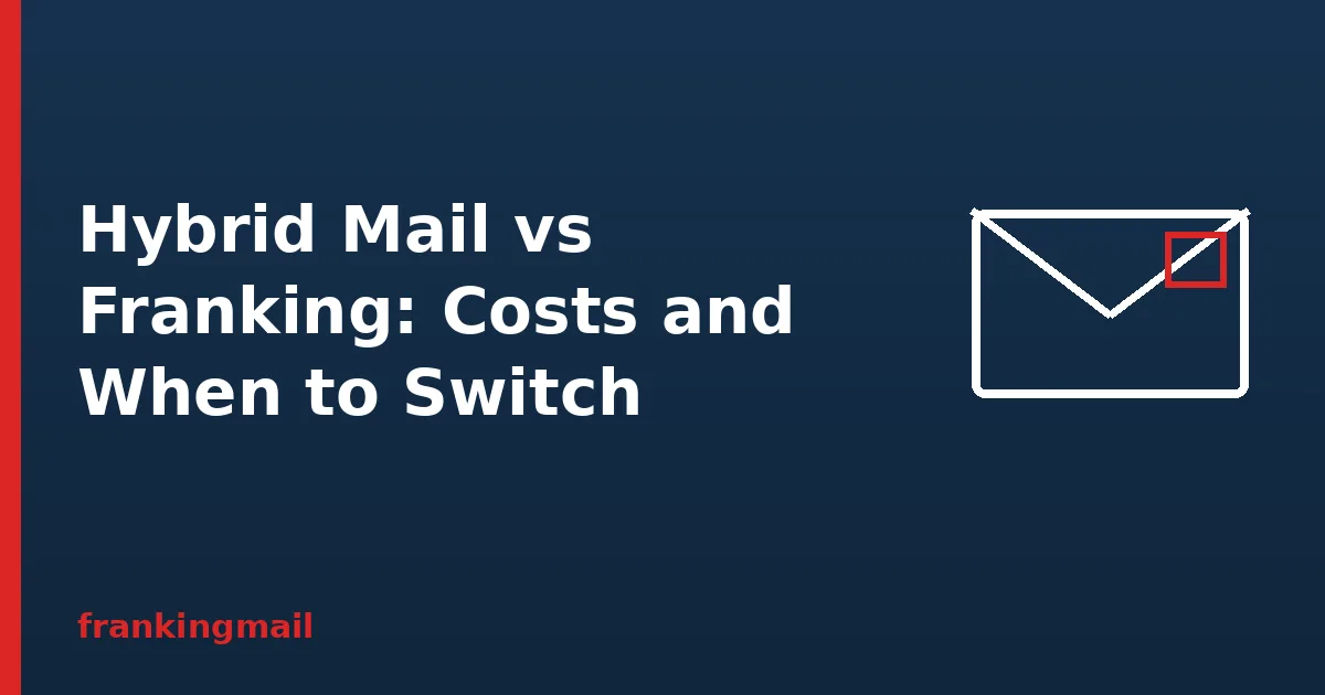 Envelope illustration with the heading Hybrid Mail vs Franking, comparing costs and uses
