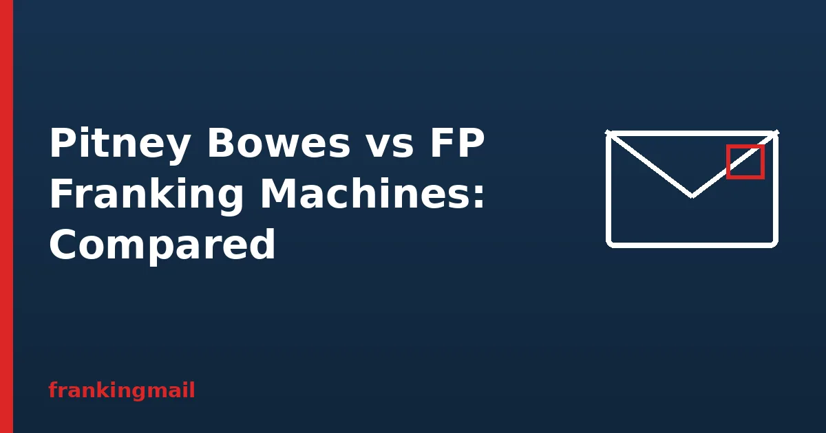 Envelope illustration with the heading Pitney Bowes vs FP, comparing two franking machine brands